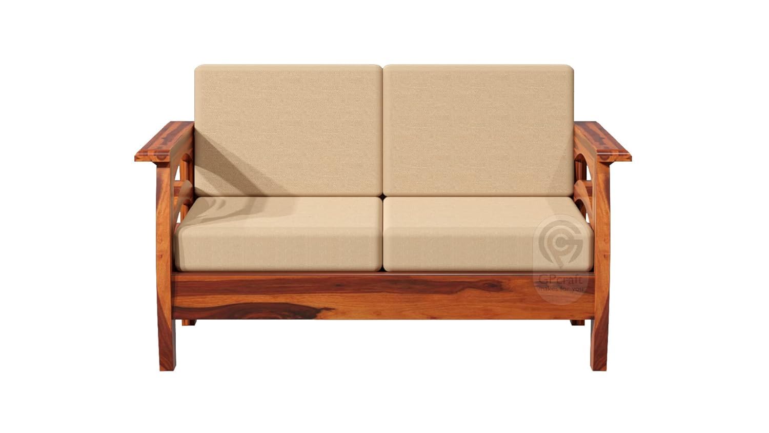 VeLivings Solid Sheesham Wood 2 Seater Sofa for Living Room Home and Office | Wooden Sofa Set Two Seater with Curved Side Design (Beige Color Fabric Cushion, Honey Brown Finish)-image-27