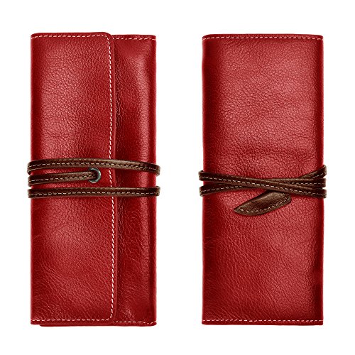 Image of ZLYC Handmade Leather Pencil Case Soft Roll Bag Stationery Gift,Red | multi slot pen storage design,school class daily use,office desk organizer,graduation holiday gift,foldable portable size