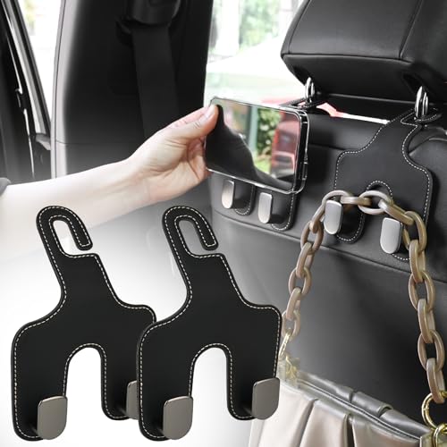 Qirc Crochets de Sac de Voiture, Lot de 2 Supports d'Appuie-tête en Cuir Crochet de Rangement Auto, Cintre d'Appuie-tête de Siège de Voiture 2 en 1, pour...