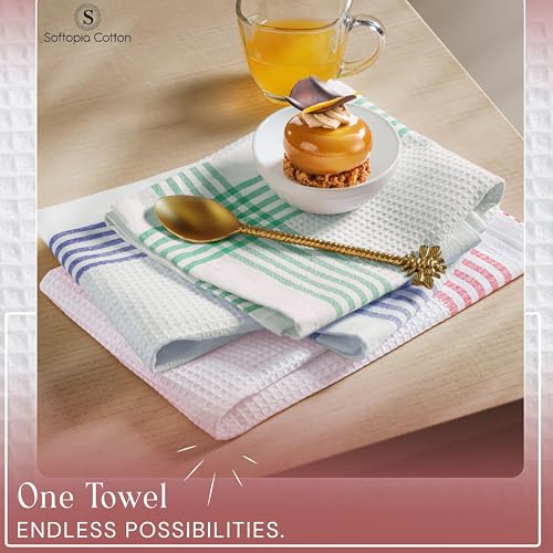 Image of Waffle White & Multi Colors Kitchen Towels Set of 12, 100% Cotton, 16x26 inches, Durable Dish Towel, Quick Dry Dishcloths, Ideal for Drying, Wiping - Indigo Blue, Red, Dark Green