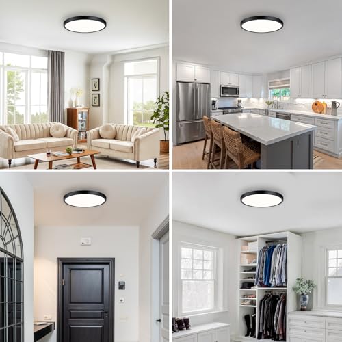 Image of Flush Mount Ceiling Light Fixture, 14 Inch LED Modern Kitchen Light, Slim Dimmable Black Flush Mount Light for Low Ceiling, Laundry, Hallway, Metal and Glass Lighting, 26W, 3000K, 2 Pack