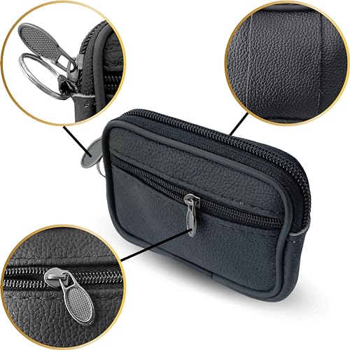 Petit Porte-Monnaie en Cuir Véritable pour Homme avec Double Fermeture Éclair de Sécurité, de Voyage avec Rondelle pour Clés et Ruban en Cuir pour la Ceinture – vue 4