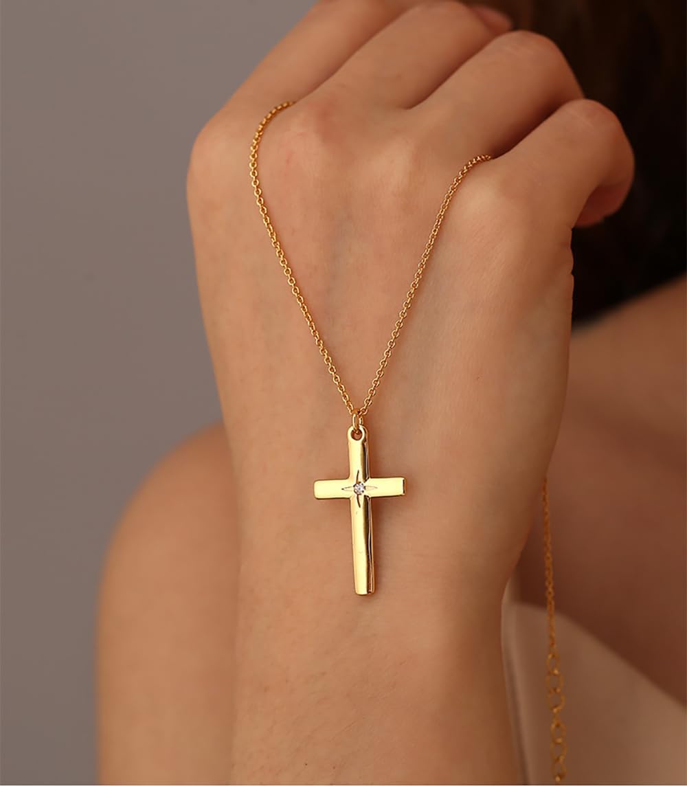 Cross Necklace,14K Gold Plated Brass Cubic Zirconia Faith Layered Chain Pendant Necklace Jewelry for Women