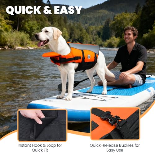 Image of VIVAGLORY Dog Life Vest Front Float Dog Swim Vest, L, Bright Orange | Life Jacket with Chin Float & Handle for Swimming & Boating, High Visibility Adjustable for Doggy Cat Puppy