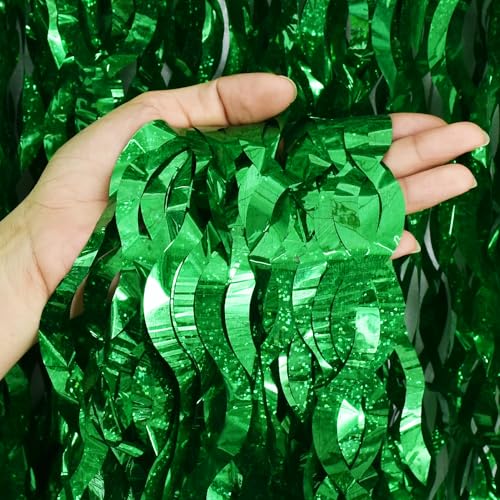 Image of TONIFUL 3Pcs Wavy Metallic Tinsel Foil Fringe Curtains Green Streamer Backdrop for Photo Booth Props,Party Door Wall Curtain,Bachelorette,Birthday,Christmas,Wild Woods Party Decor (9.9ft x 6.6ft)