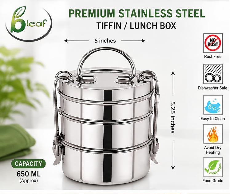 Image of BLeaf Stainless Steel Lunch Box /Tiffin Box for Office, School & Travel | 3 Layer Leak Resistant Food Grade Tiffin Carrier with Handle | Rust Proof & Dishwasher Safe | 650 ML Capacity