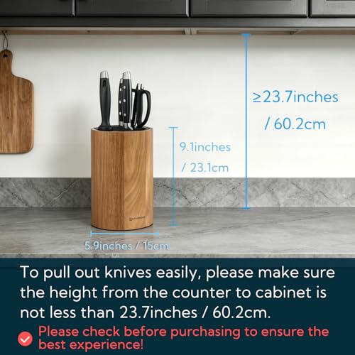 Image of KITCHENDAO Universal Knife Block Without Knives, Acacia Wood Knife Holder, Space-Saving Round Knife Storage Organizer for Countertop, with Slots for Scissors and Sharpening Rod