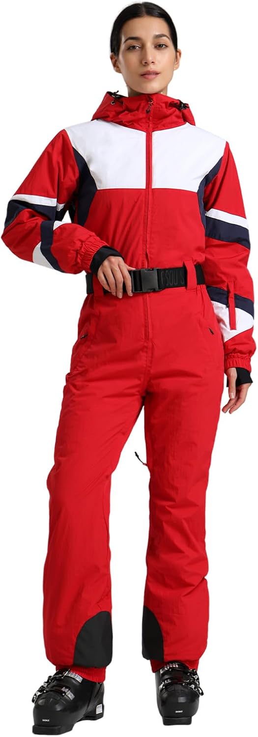 GSOU SNOW Women Retro Ski Suit One Piece Vintage Snowsuit Waterproof Windproof Winter Jumpsuit Outdoor Sport Warm Snow Jacket Red Large - Image 1 of 6