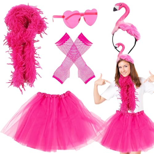 Gxhong 5Pcs Karneval Flamingo Kostüm, mit Flamingo Haarreif, Rosa Tüllrock Federschal Handschuh Love Sonnenbrille, für Damen Mädchen Fasching Rosa...
