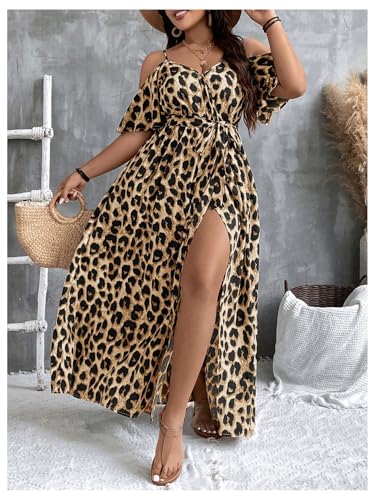 Image of OYOANGLE Women's Plus Size Summer Casual Bohemian Leopard Print Cold Shoulder Belted Wrap Split Long Maxi Dress