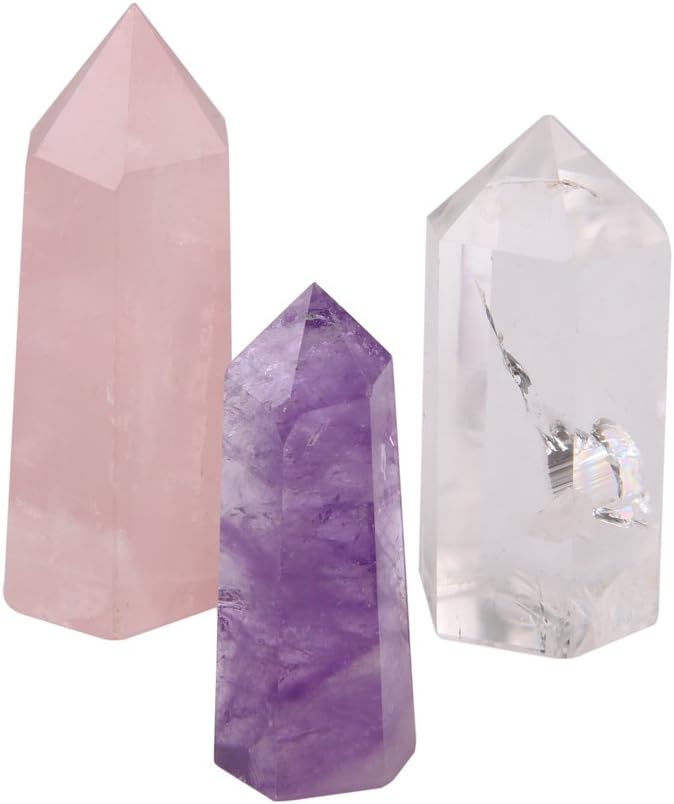 Banshren Healing Crystal Wands | 2" Amethyst Crystal, Clear Quartz Crystal Wand & Rose Quartz Crystal Points | 6 Faceted Reiki Chakra Meditation Therapy (Set of 3)