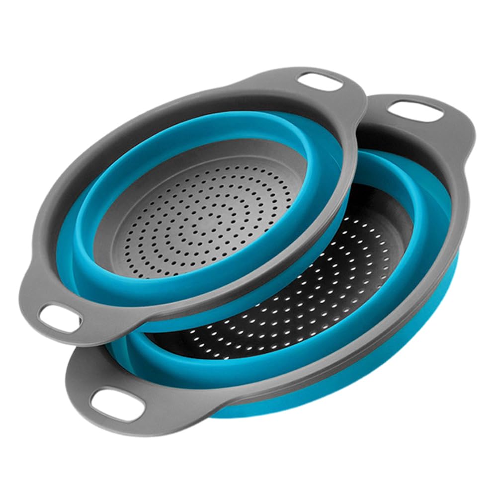 Surwin 2 Pcs Collapsible Colanders, Big Small Combination Silicone Colander, Foldable Filter Drain Baskets, Kitchen Strainer for Draining Pasta Fruits Vegetable Colanders (Blue,Set of 2)
