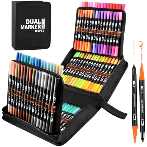 Gelanty Feutres Coloriage Adulte, 100 Stylos Dual Tip Brush Lot de Marqueurs d'art Calligraphie Lettrage Feutre pour Coloriage Adulte, Croquis, Peinture, Création Artistique