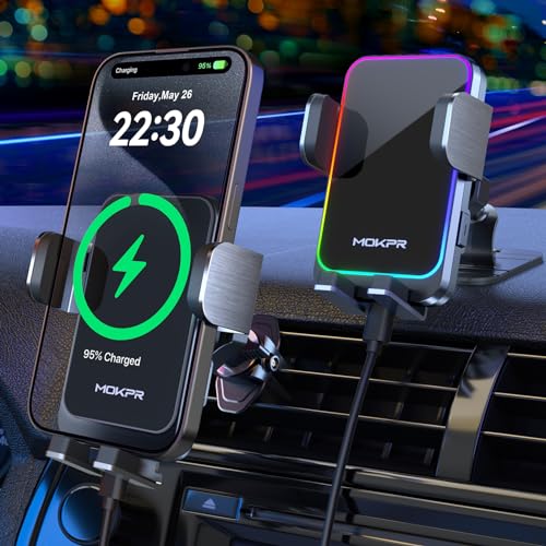 MOKPR 15W Handyhalterung Auto mit Ladefunktion Handyhalterung Auto Induktives Laden Induktive Ladestation Auto Wireless Charger für iPhone 16/15/14/13/12 Serie&Samsung S25/24/23 LG mit RGB-Licht