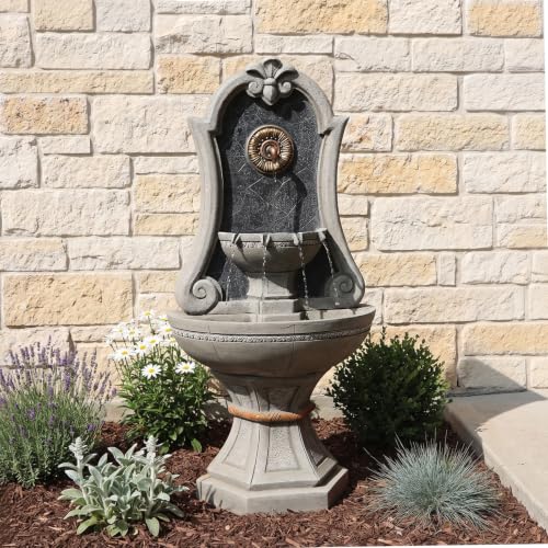 Image of Bumilgar 49.8 inch Outdoor European Resin Wall Fountain with LED Lights, Sunflower Spout & Gold Trim Fountain Freestanding, Cascading Light Gray Scroll Arch Waterfall Feature for Patio