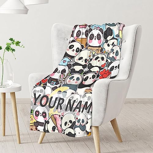 Personalized Panda Blanket Gifts with Name - 60"x80" Cute Throw Blanket for Kids, Adults - Black Soft Fuzzy Blankets for Bed, Couch & Living Room