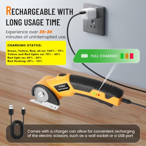 Image of Electric Scissors, Cardboard Cutter, With LED Light, High-Efficiency Brushless Motor, 2000mAh Battery, Tungsten Steel Blade, Suitable for Cloth, Cardboard, Carpet Wire Rope Cutters Yellow