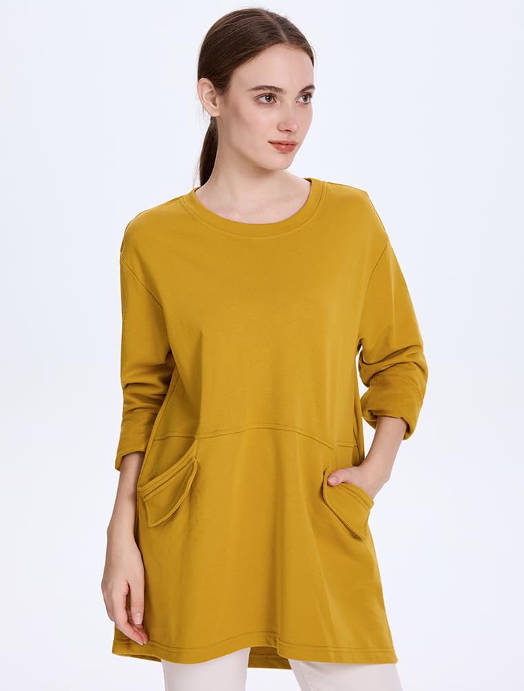 FTCayanz Women's Cotton Tunic Tops Oversized Crewneck Long Sleeve Sweatshirts Casual Shirts Pullover with Pockets