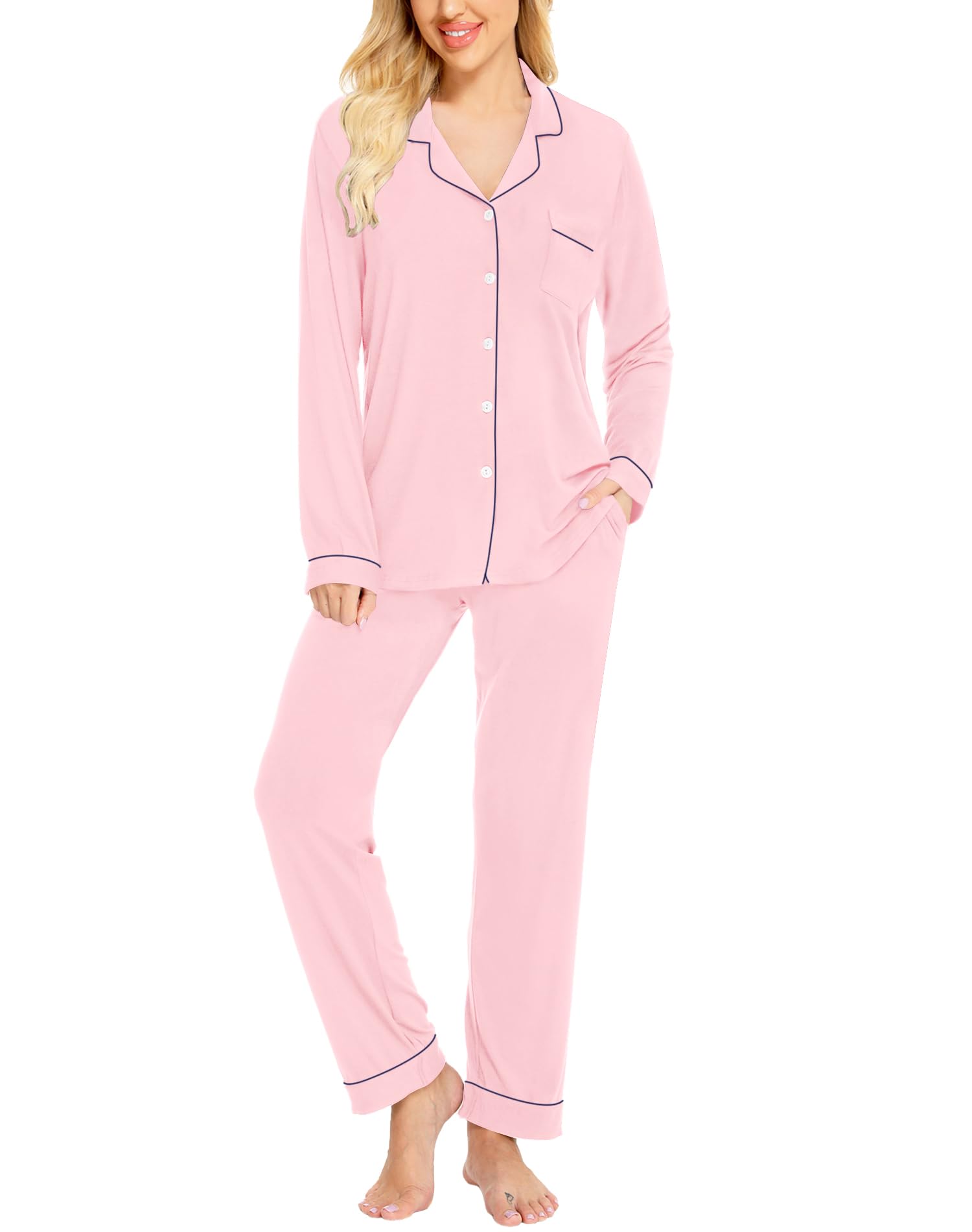 SWOMOG Womens Pajamas Set Long Sleeve Sleepwear Button Down Nightwear Soft Pj Lounge Sets