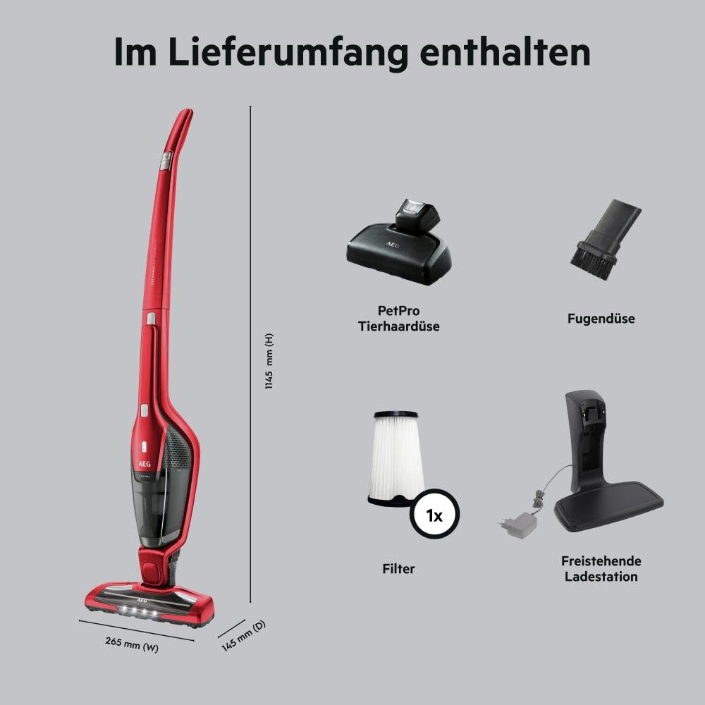 AEG Ergorapido 2in1 Akku Staubsauger, Beutellos, inkl. Tierhaardüse, ETM Testsieger, bis zu 45Min Laufzeit, Freistehend, 180° Drehgelenk, Bürstenreinigungsfunktion, LED-Frontlichter, Rot, CX7-2-45AN