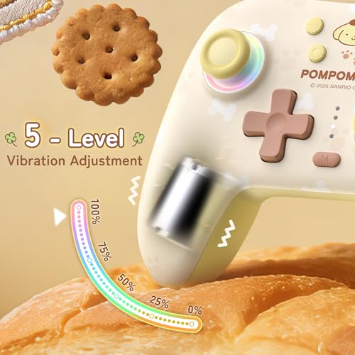 Image of Kuitmor Pompompurin Dog Switch Pro Controller, Cute Hall Effect Wireless Gamepad No Drift for Switch 2 /Switch /OLED /Lite, PC /Steam, Android, iOS, Bluetooth + Wired, Turbo, Back Buttons, 6-Aixs Gyro, Wake-up, RGB (Yellow, With Receiver)