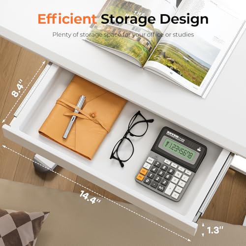 Image of Mobile Standing Desk with Drawer, 32 inch Rolling Desk with Cup Holder and Hooks, Portable Laptop Cart on Wheels, Height Adjustable Workstation with Storage for Home Office, White
