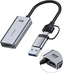 Placa de Captura Externa Portátil, USB 3.0 + USB-C, PD 100W, 4K, Transmite a 1080p, Live Stream, Para PC, Notebook, Video Game, Switch, Tablet. Compatível com sistema Windows, Linux, Android e Mac