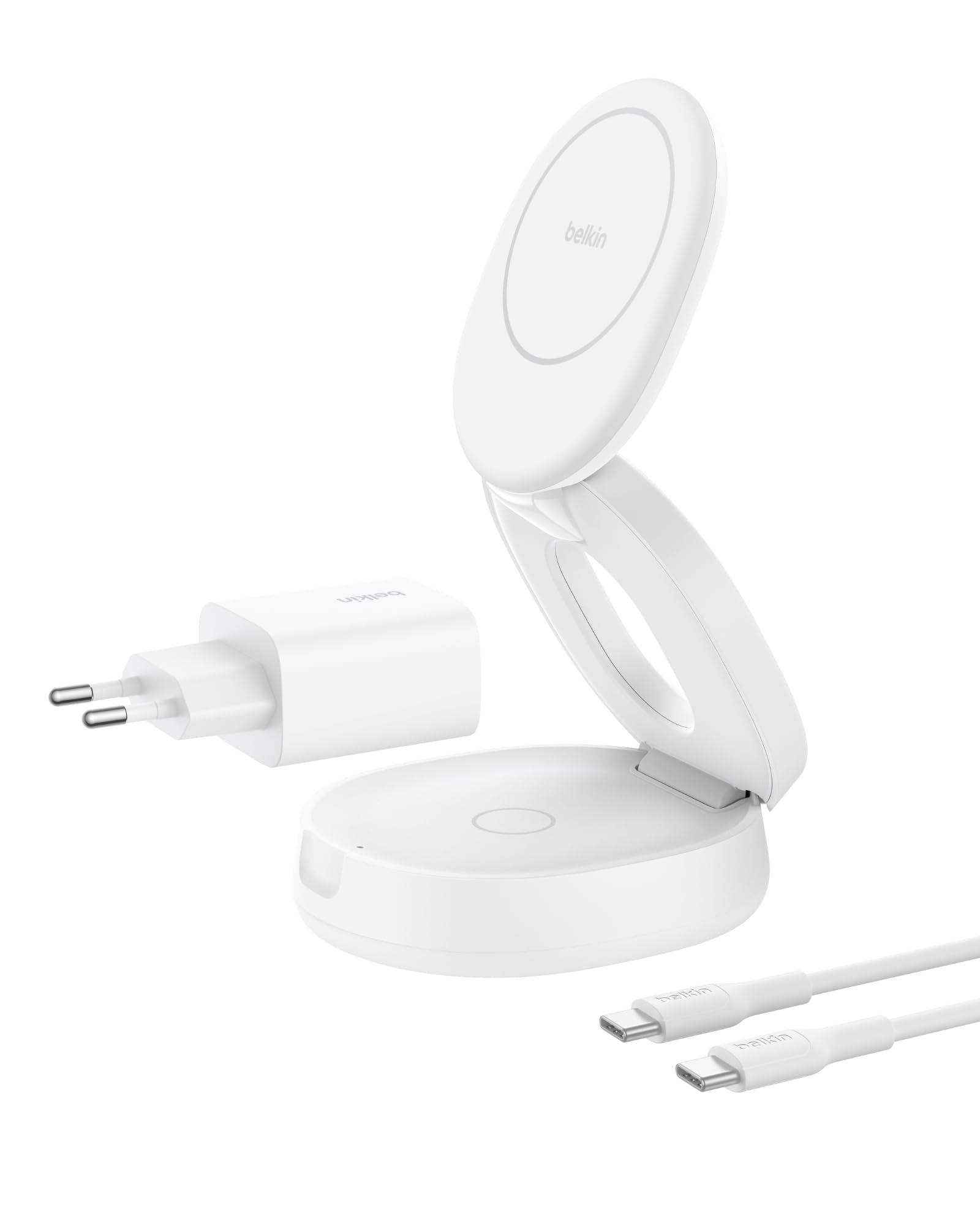 Belkin BoostCharge Chargeur 2-en-1 aimanté et Pliable, Station de Recharge Compatible MagSafe, certifié Qi2, 15 W, pour iPhone 17, iPhone Air, AirPods, Pixelsnap, Adaptateur 30 W Inclus - Blanc