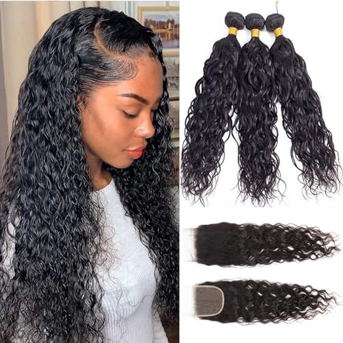 16A Water Wave Bundles with Closure Human Hair (12 14 16+10") 100% Unprocessed Virgin Brazilian Human Hair Wave 3 Bundles with 4×4 Lace Closure Natural Color