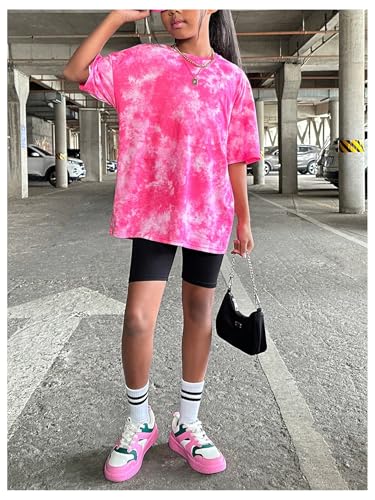 Image of SHENHE Girl's Letter Graphic Tie Dye Tshirts Plaid Crewneck Short Sleeve Loose Tee Top Pink 12Y
