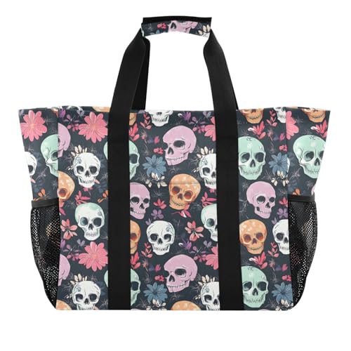 Bolaz Travel Tote Bag，Gym Bag for Men,Waterproof Beach Bag for Women Foldable Reusable-Colorful Skull Flowers5