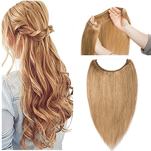 Hidden Invisible Crown Flip on Human Hair Extension One Piece Secret Miracle Wire in Hairpieces No Clip No Tape in Remy Hair Translucent Fish Line Headband 60g 16''/16inch #27 Dark Blonde