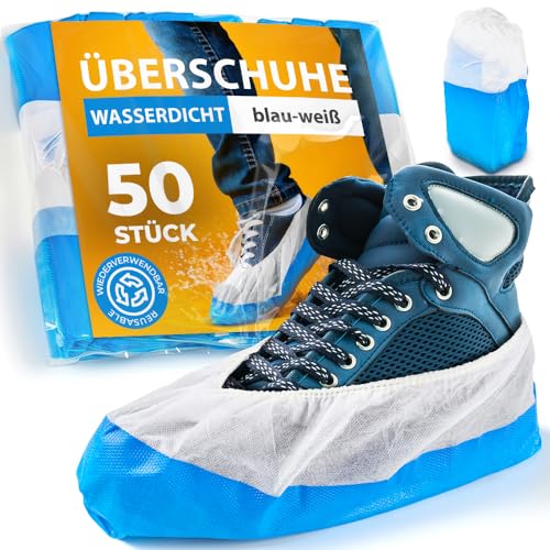 ISC Hygiene & Safety Schuhüberzieher Einweg Mehrweg – Überschuhe wasserdicht und rutschfest – Überzieher Schuhe – 9g extra stark, Einheitsgröße bis 47 – blau-weiß, 50 Stück