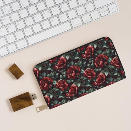 Vintage Red Rose Print Wallet Women, Leather Bifold Multi Card Wallet, Long Purse Women's Wallets4