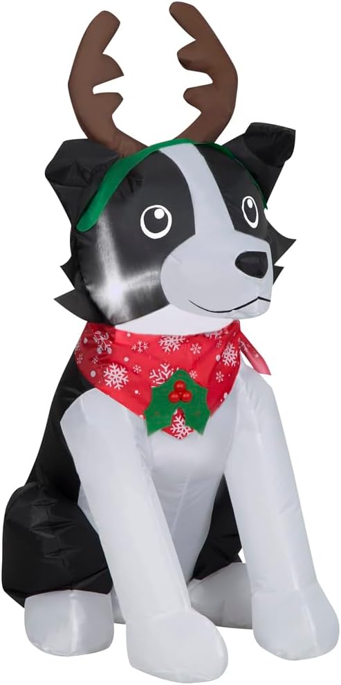3.5' Gemmy Airblown Christmas Border Collie w/Reindeer Antlers Yard Decoration 880758