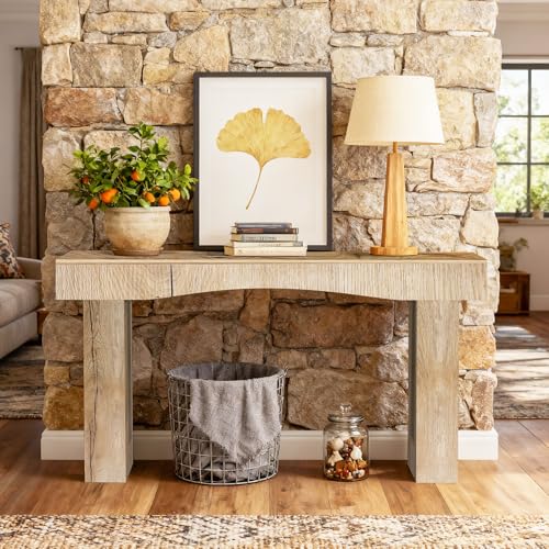 Image of 63 Inch Long Entryway Table Hollow, Wooden Console Table with Socket Farmhouse Sofa Table for Entrance, Hallway, Living Room,Behind Couch(Natural Brown)