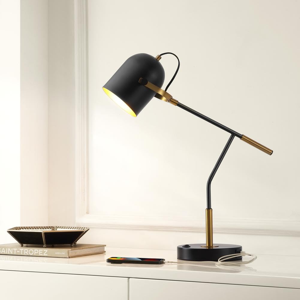 SAFAVIEH Lighting Collection Mulaney Modern Black/Brass 22-inch Task Desk Table Lamp with USB Charging Port, Ideal for Living Room, Bedroom,