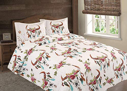 Flowers Floral Steer Skull Skeleton Quilt Rustic Western Bedspread Comforter Bedding - 3