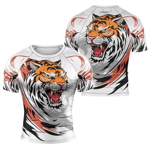 Tiger Men's Rash Guard Compression Short Sleeve MMA BJJ Grappling Jiu Jitsu Base Layer Combat Shirt