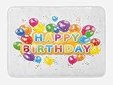 Ambesonne Birthday Bath Mat, Words Happy Celebration Vivid Balloons Rain Blithesome Happy Day, Plush Bathroom Decor Mat with Non Slip Backing, 30.2' x 20', Orange Multicolor