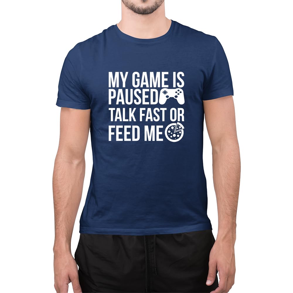 Graphic Impact Navy Blue Funny My Game Is Paused Gamer Slogan Foodie Pizza Lovers Gaming Novelty T Shirt (Xlarge, )