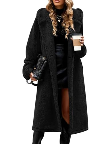 Women's Winter Sherpa Fur Coat - Warm Hooded Faux Fur Cardigan Jacket with Pockets and Buttons, Comfortable and Loose Fit for Everyday Wear, Work and Travel(Black,M)