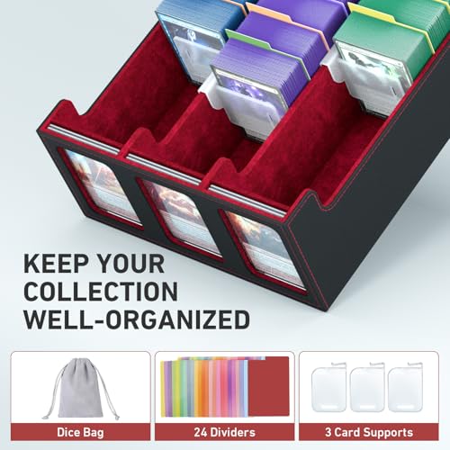 Image of 3-Row Trading Card Storage Box, Bulk Cards Case for 2400+ Mtg tcg Magic Playing Game Card Organizer, Commander Deck Box with 3 Supports & 24 Dividers