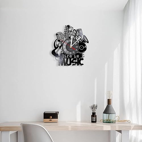 Miniatura 5 de Life Is Music - Reloj de pared con disco de vinilo de 12 pulgadas, funciona con pilas, silencioso, sin tictac, diseño moderno, antiguo, musical,