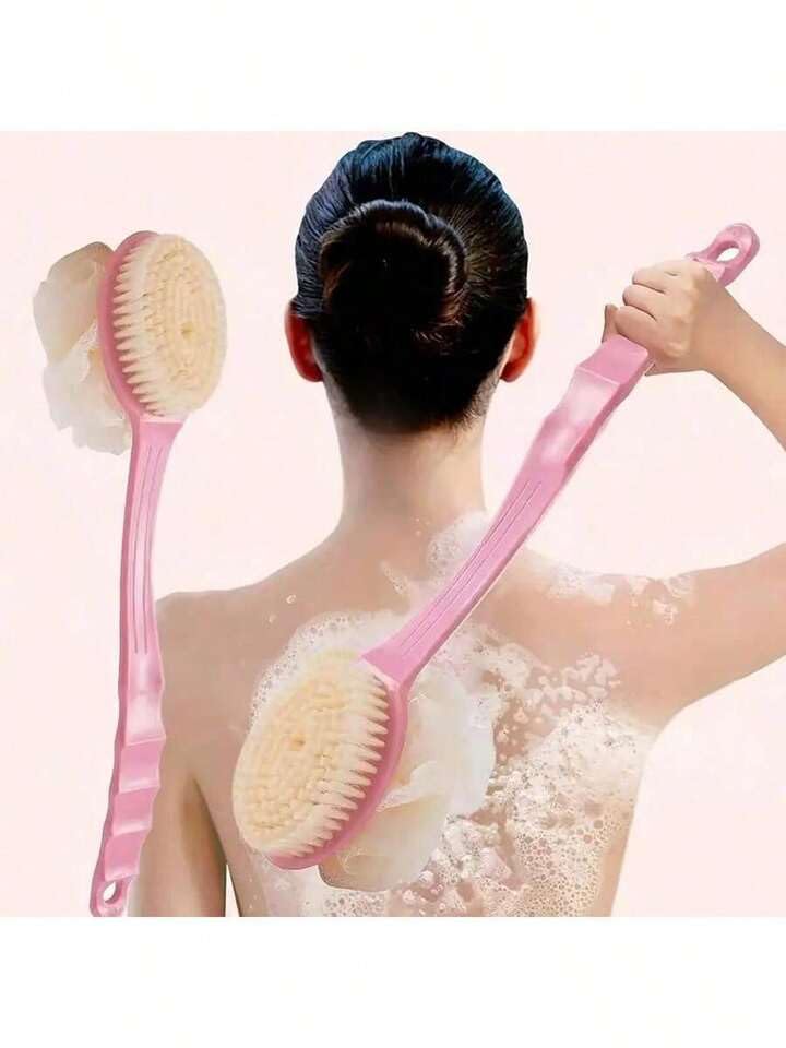 Long Handle Bath Brush, Pink, Natural Bristles, Body Scrubber for Back and Body Exfoliation-picture-17