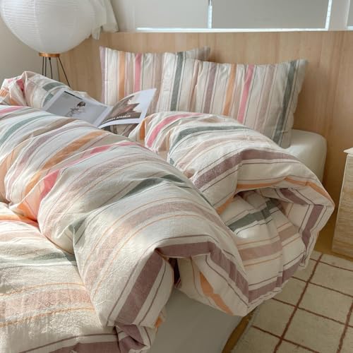 Image of VM VOUGEMARKET Multicolor Striped Duvet Cover Set King Washed Cotton Bedding Stripes Duvet Cover with 2 Pillowcases for Girls Women(Orange /Pink /Green /Coffee)