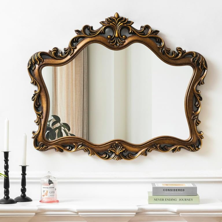 WOOD HOME DECORE Wooden Frame Bathroom Luxury French Vintage Frame Decorative Wall Hanging Mirror, Vanity Mirror for Living Room, Bedroom Black-Gold (Without Mirror)-image-17