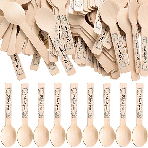 100 Pack Wedding Favors Wooden Spoons Dessert Tiny Wooden Spoons Ice Cream Round Disposable Wooden Spoons Thank You Flower Wood Utensils for Wedding Bridal Shower Party Decoration Gift