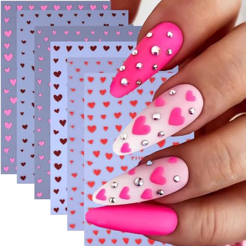6 Pcs Heart Nail Art Stickers for Nails 3D Self-Adhesive Pink and Red Heart Nail Decals Nail Supplies Valentine Holiday Women DIY Manicure Tips Decoration for Party Salon Nails Salon