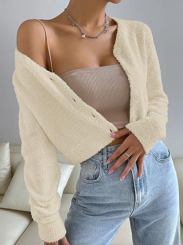 SweatyRocks Women's Long Sleeve V Neck Sweater Crop Top Button Front Fuzzy Knit Cardigan4